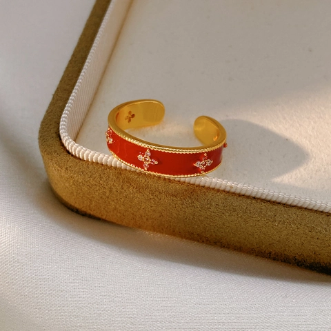 Retro Roter Emaille Offener Ring Für Damen 18K Vergoldetes Kupfer Mit Zirkon Kreuz Stern Verstellbarer Vintage Band Schmuck