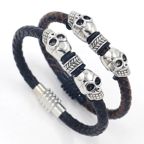Men Braided Leather Bracelet With Alloy Skull Beads Punk Vintage Gothic Style Magnetic Clasp