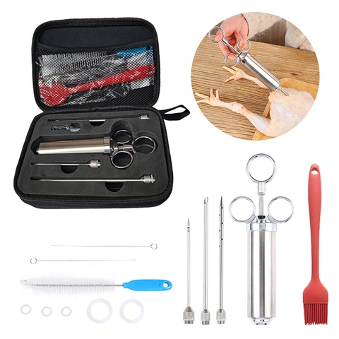 Inyector De Adobo Profesional Acero Inoxidable 304 Jeringa Sazonadora Mango Tres Anillos BBQ Pavo Herramientas Cocina Estuche Portátil Cepillos