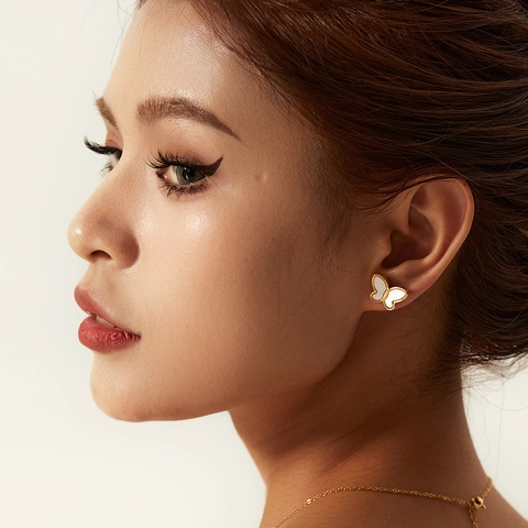 18K Gold Plated Stainless Steel Butterfly White Shell Pendant Necklace Minimalist Butterfly Stud Earrings For Women Jewelry