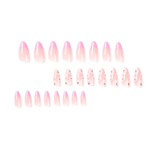 Roze French Tip Kunstnagels Madeliefje Bloemenpatroon Glanzend Amandelvorm Kunstmatige Vingernagels Voor Dames Zoete Stijl