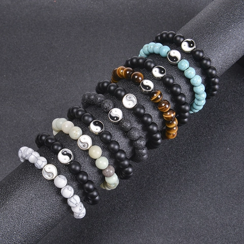 Yin Yang Tai Chi Beaded Bracelet Natural Stone Lava Tiger Eye Matte Agate White Turquoise Couple Friendship Handmade Jewelry