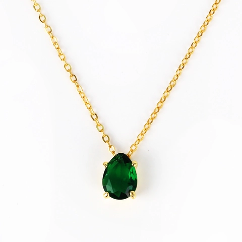 Collier Pendentif Élégant Acier Inoxydable Zircon Émeraude Vert Forme Poire Bijoux Pour Femmes
