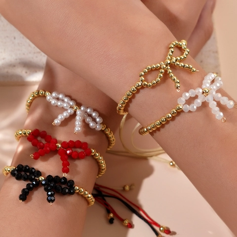 Bracelet Perlé Fait Main Nœud Künstliche Perles En Cuivre Plaqué Or 18K Imitation Künstliche Perle Cordon Ajustable Bijoux Pour Femmes