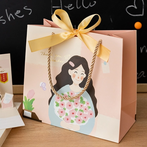 Thank You Teacher Gift Bag White Cardboard Paper Handbag With Bow Ribbon And Braided Handle Cartoon Illustration Souvenir