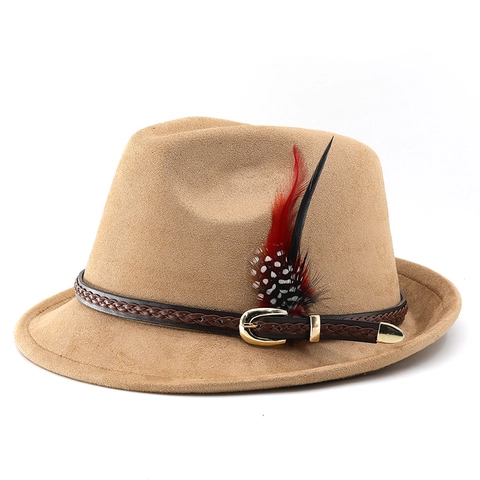 Cappello Fedora Classico In Camoscio Con Fascia In Pelle Intrecciata E Decorazione Di Piume Western Jazz Cappello Elegante
