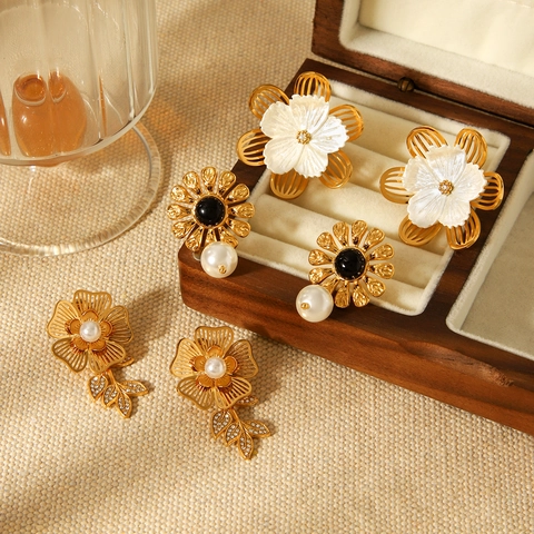 Stainless Steel Flower Earrings For Women Gold Plated Elegant Hollow Floral Studs With Artificial Pearl And Rhinestone Jewelry