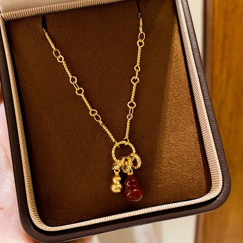 Collana Con Ciondolo A Doppia Zucca Rame Placcato Oro 18K Stile Agata Rossa Gioielli Cinesi Vintage Donna