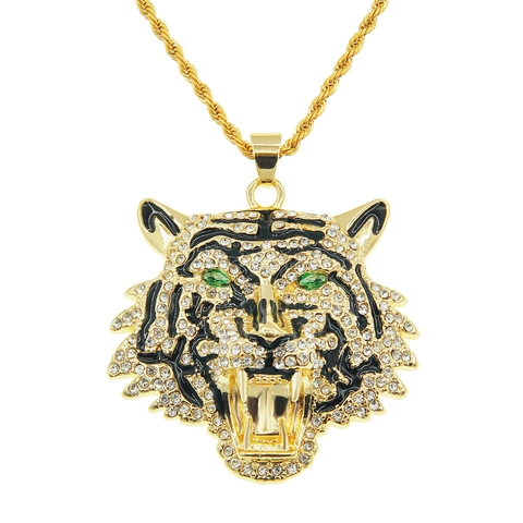 Hip Hop Tiger Head Pendant Necklace Green Eyes Rhinestone Animal Jewelry Stainless Steel Chain For Men Party Cool Gift