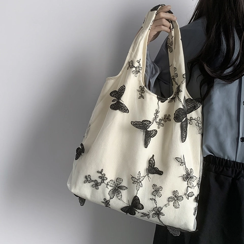 Borsa A Spalla Donna Tela Pizzo Rete Ricamo Farfalla Fiore Grande Capacità Fresco Letterario Tote Mano