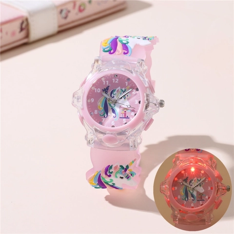 Orologio Unicorno Cartone Animato Bambini LED Luminoso Quarzo Analogico Cinturino Silicone Ragazze