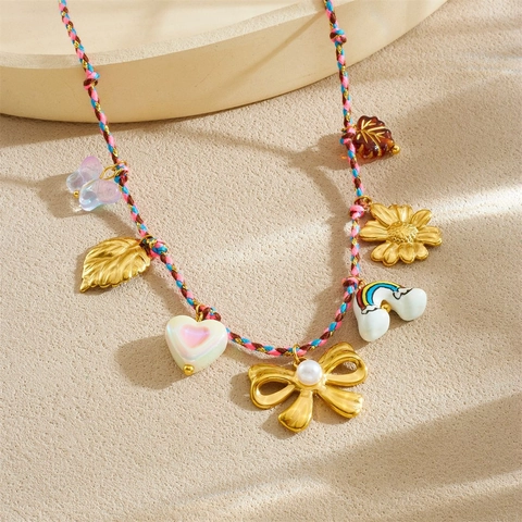 Collana Multi Pendente Acciaio Inossidabile Catena Corda Intrecciata Arcobaleno Nuvola Farfalla Cuore Fiocco Perla Artificial Gioielli Dolci