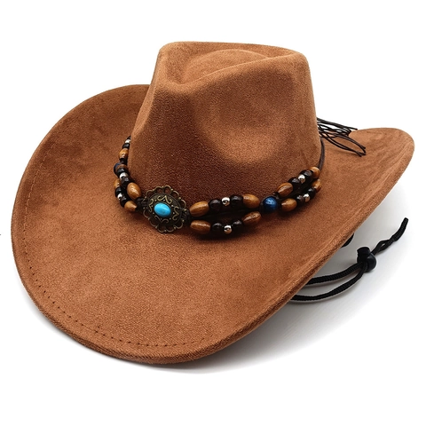 Chapeau De Cow-Boy Occidental Suédine Large Bord Avec Perles En Bois Turquoise Style Ethnique Fedora Rétro Cordon Coupe-Vent