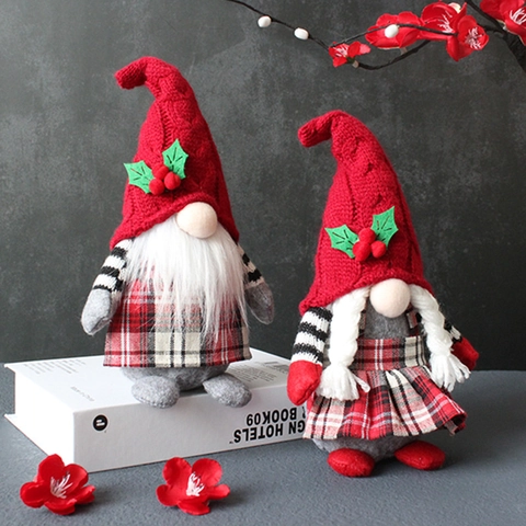 Christmas Gnome Faceless Doll Plush Decoration Red Plaid Knitted Hat White Beard Braids Holiday Party Home Ornament