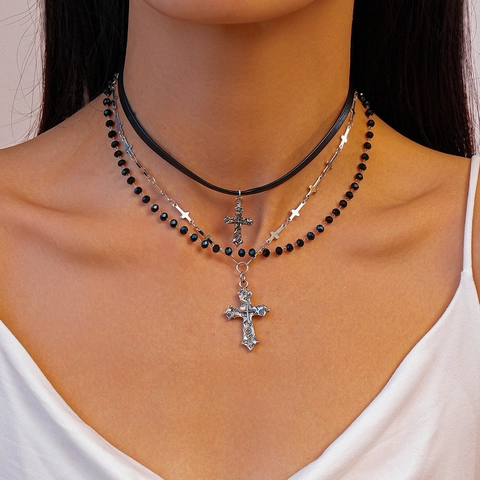 Mehrlagige Halskette Gothic Punk Legierung Kreuz Anhänger PU Leder Choker Schwarze Glasperlen Schmuck Für Damen