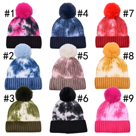 Bonnet En Maille Tie Dye Avec Pompon Acrylique Hiver Chaud Extérieur À Revers Côtelé Pour Femme