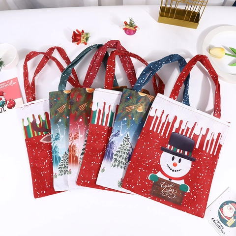 Sacchetti Regalo Di Natale Borse In Tessuto Babbo Natale Pupazzo Di Neve Renna Stampato Festa Manico Imballaggio Riutilizzabile