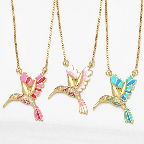 Hummingbird Pendant Necklace Copper With Zircon And Enamel Box Chain Cute Animal Fashion Jewelry For Women