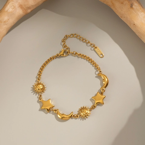 Sonne Mond Sterne Charm Armband 18K Vergoldet Edelstahl Himmlischer Schmuck Wasserdicht Für Damen
