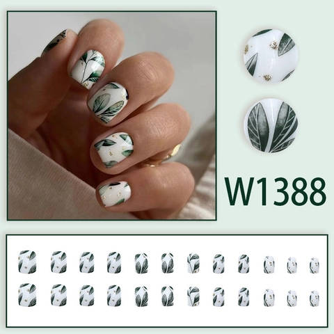 Short Square Round Press On Nails Green Leaf Pattern Gold Foil Elegant Vintage Style Natural False Nails Glue On