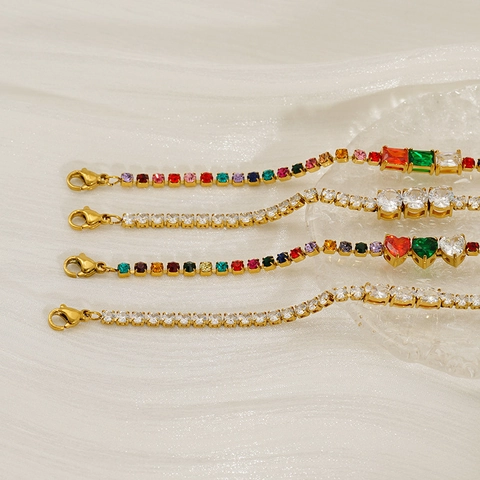 Bracelet De Tennis Femme Acier Inoxydable Plaqué Or 18K Zirconium Arc-En-Ciel Cœur Rond Carré Ajustable Bijoux