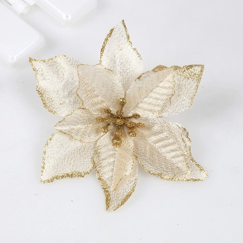 Artificial Christmas Poinsettia Flowers Fabric With Glitter Edges Shiny Multi Layer For Tree Wreath Decoration Party Ornament