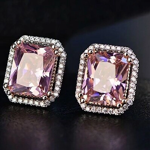 Smaragdslijpsel Roze Zirkoon Oorknopjes Koper Roségoud Verguld Halo Ontwerp Retro Elegante Mode Sieraden Dames