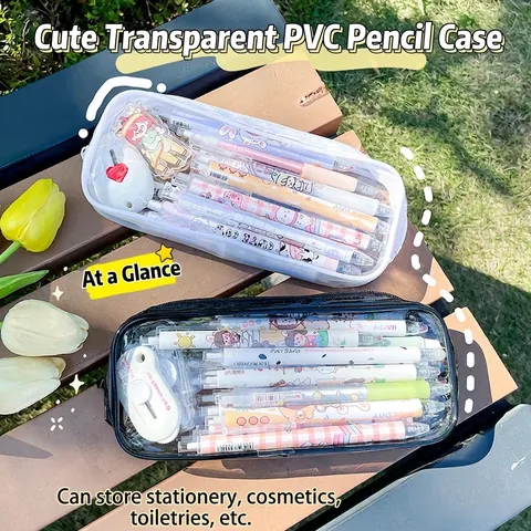 Clear Pencil Case Large Capacity PVC Waterproof Zipper Stationery Bag Student School Office Supply Organizer INS Style