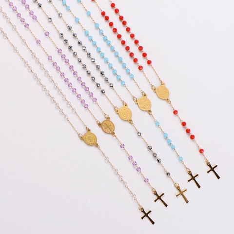 Saint Benedict Medal Rosary Necklace 304 Stainless Steel Crystal Glass Beads Crucifix Cross Religious Jewelry For Women