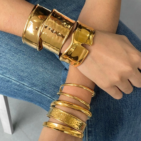 Minimalist Edelstahl Offener Armreif Gold Silber Plattiert Gehämmert Welle Irregulär Breit Manschette Armband Für Damen Schmuck