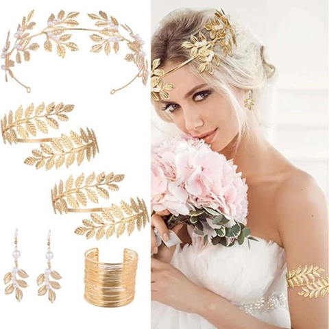 Baroque Greek Goddess Leaf Shape Bridal Accessories Gold Metallic Headband Earrings Armband Bracelet Artificial Pearl Decor