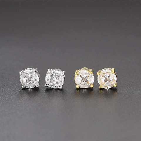 Hip Hop Rhinestone Stud Earrings For Men Women Copper Round Micro Pave Iced Out Earrings Gold Silver Plated Jewelry Gift