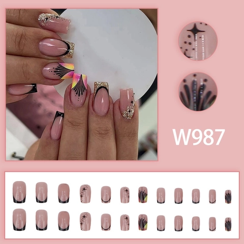 Elegant Black French Tip Press On Nails Square Shape Gold Glitter Star Design Glossy Artificial Fingernails For Women