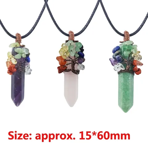 Tree Of Life Crystal Hexagonal Column Pendant Necklace Natural Gemstone Wire Wrapped Healing Jewelry For Women Men