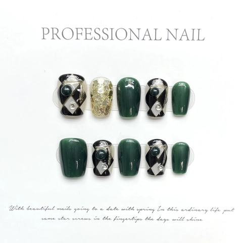 Uñas Postizas Hechas A Mano Verde Esmeralda Ojo De Gato Cuadros Cuadrado Redondo Con Diamantes De Imitación Estilo Retro Para Mujeres