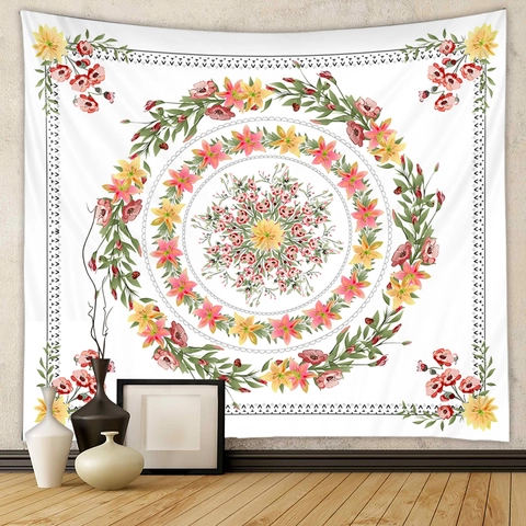 Tapiz De Pared Floral Poliéster Mandala Círculo De Flores Fondo Pintado A Mano Para Decoración De Sala Dormitorio
