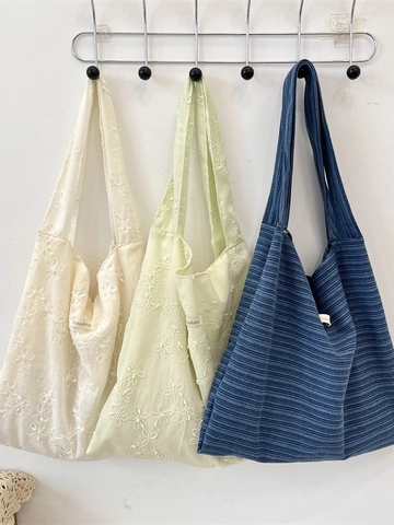 Large Capacity Tote Bag Embroidered Floral Fabric Denim Stripe Shoulder Handbag For Women Commuting Casual Campus Style