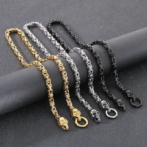 Byzantine Chain Necklace Men Stainless Steel Skull Head Clasps Punk Rock Biker Jewelry