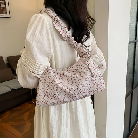 Borsa A Spalla Stampa Floreale Tela Tracolla Arricciata Coulisse Stile Pastorale Francese Borsa Hobo Da Donna