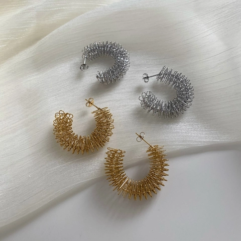 Stainless Steel Hoop Earrings With Spiral Coil Spring Wrapped Design C Shaped Hollow Out Minimalist Industrial Punk For Women