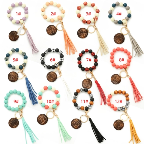 Porte-Clés Bracelet En Perles De Silicone Et Bois Avec Disque MAMA Et Pompon En PU Motif Léopard Accessoire Pour Femmes
