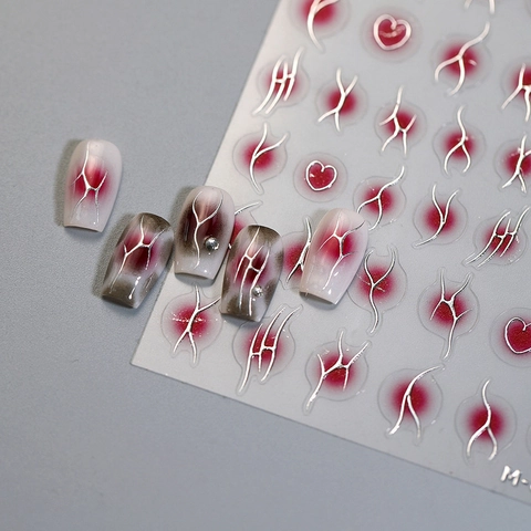 Nail Art Stickers 3D Relief Metallic Silver Heart Abstract Lines Cyberpunk Gothic Style Manicure Decoration