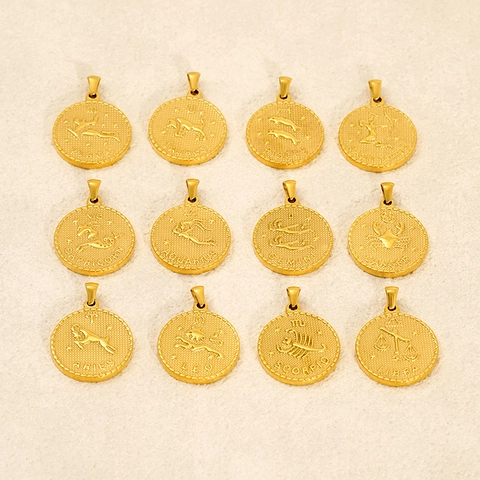 Pendente A Moneta Rotonda Segno Zodiacale Costellazione Acciaio Inossidabile Placcato Oro 18K Gioielli Di Moda Per Uomo Donna