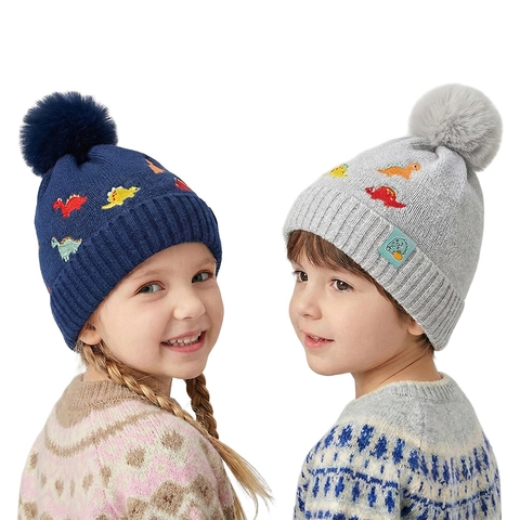 Kids Knitted Beanie Hat Dinosaur Embroidery Faux Fur Pom-pom Fleece Lined Winter Warm For Toddler Boys Girls