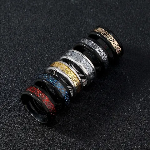 Anillo De Acero Inoxidable Dragón Celta Hombre Vintage Punk Incrustación Fibra De Carbono Joyería Regalo
