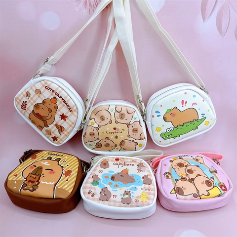 Kids Crossbody Bag PU Leather Waterproof Cartoon Capybara Double Sided Print Adjustable Strap Cute Shoulder Bag Girls