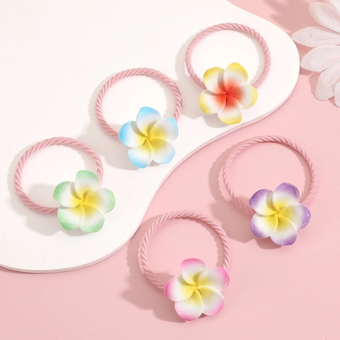 Plumeria Flower Gradient Resin Elastic Hair Ties Cute No-Hurt Ponytail Holders For Kids Girls Daily Use