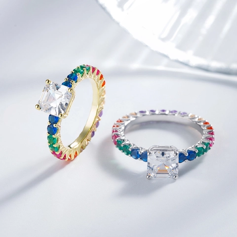 Anello in Argento Sterling 925 con Taglio Asscher Zirconia Rainbow Pave per Donna Anello in Pietra Quadrata Placcato Oro Argento Gioielli di Moda