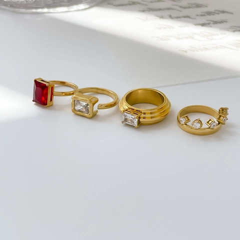 Bling Rechteckiger Zirkonia Ring 18K Vergoldet Edelstahl Roter Quadratischer Zirkonia Bandring Für Damen Mode Schmuck