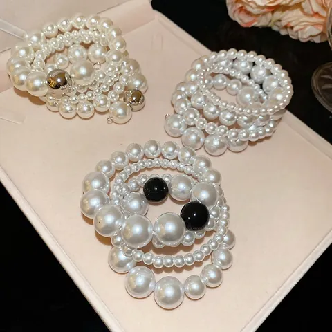 Multi-layer Artificial Pearl Bracelet Twisted Spiral Open Bangle Fashion Elegant Imitation Artificial Pearl Alloy Accents Jewelry For Women